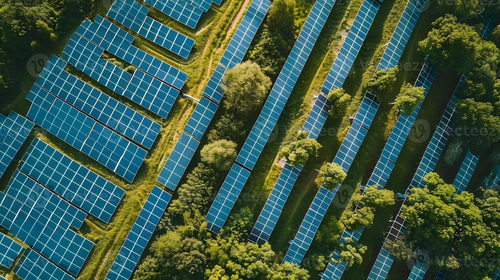 ai genererad fält av sol- paneler och system till producera grön elektricitet. ai genererad foto