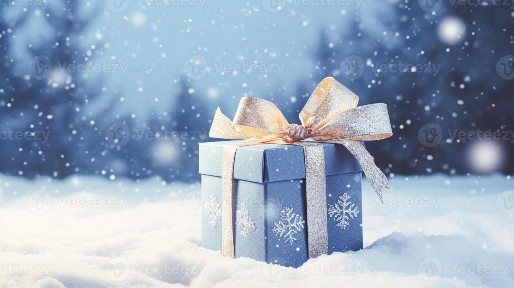 ai genererad jul Semester gåva och närvarande, gåva låda i de snö i snöfall vinter- landsbygden natur för boxning dag, högtider handla försäljning foto