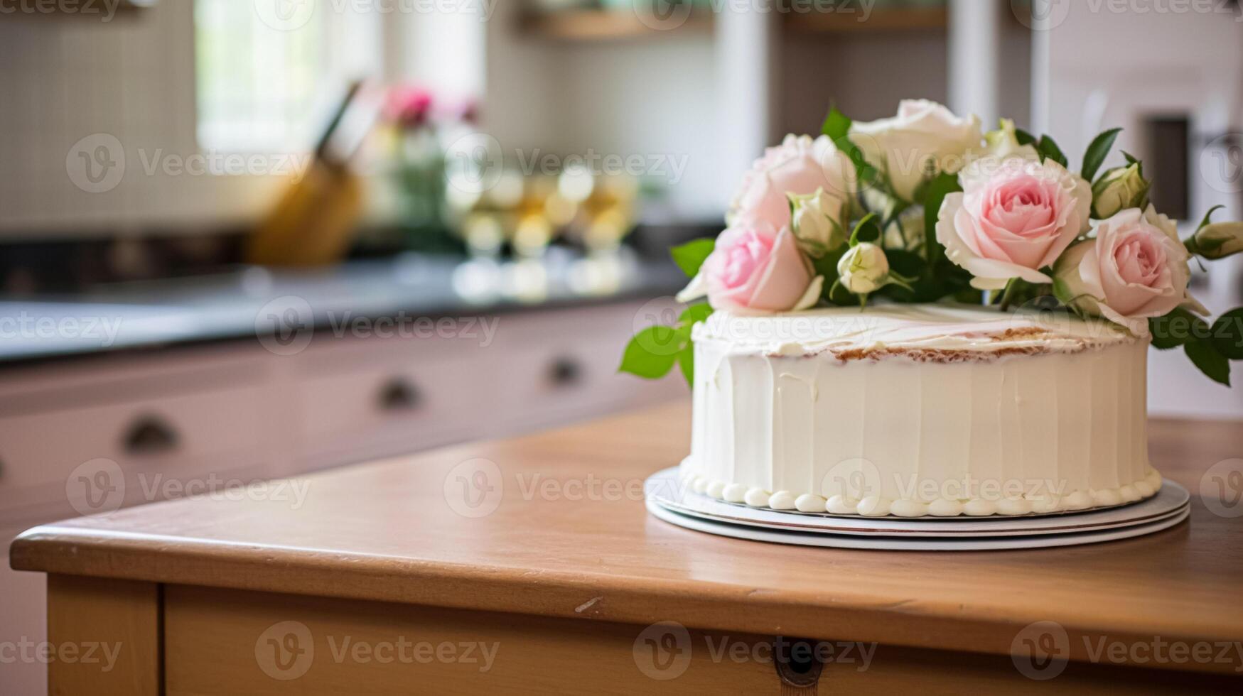 ai genererad hemlagad födelsedag kaka i de engelsk landsbygden hus, stuga kök mat och Semester bakning recept foto