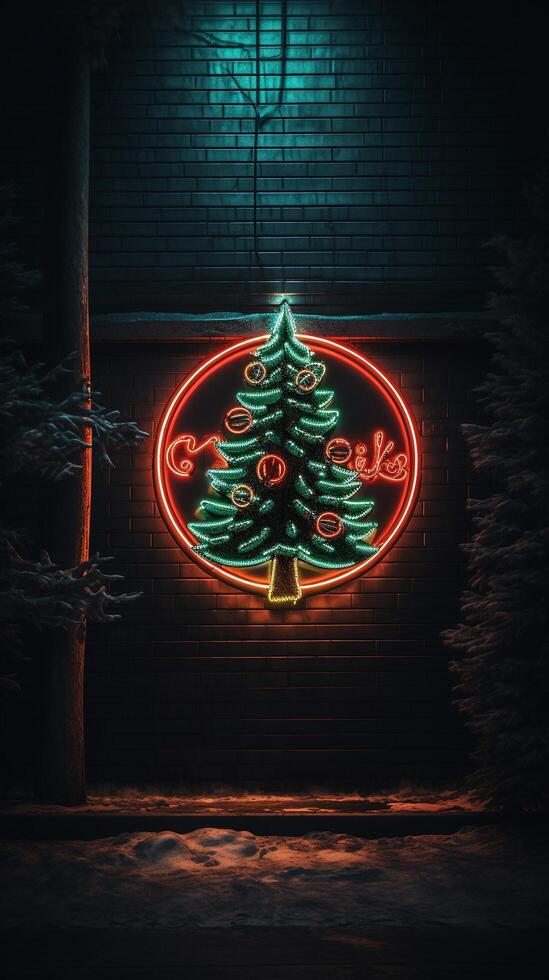 ai genererad ai genererad neon jul träd ljus på de vägg foto