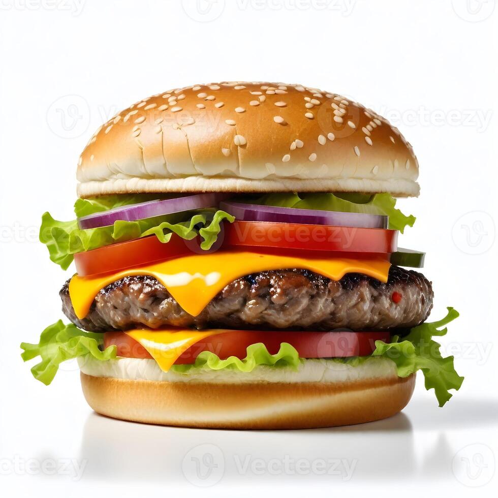 ai genererad gott burger isolerat på vit bakgrund färsk hamburgare snabbmat med nötkött och ost foto