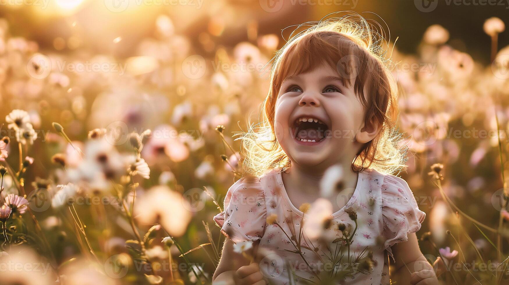 ai genererad Lycklig liten flicka spelar i de regn på solig sommar dag. barn har roligt utomhus. foto