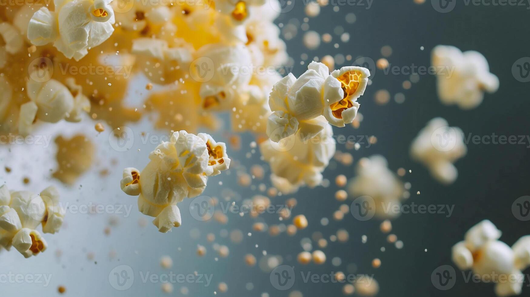ai genererad popcorn faller in i de luft på en mörk bakgrund. rörelse foto