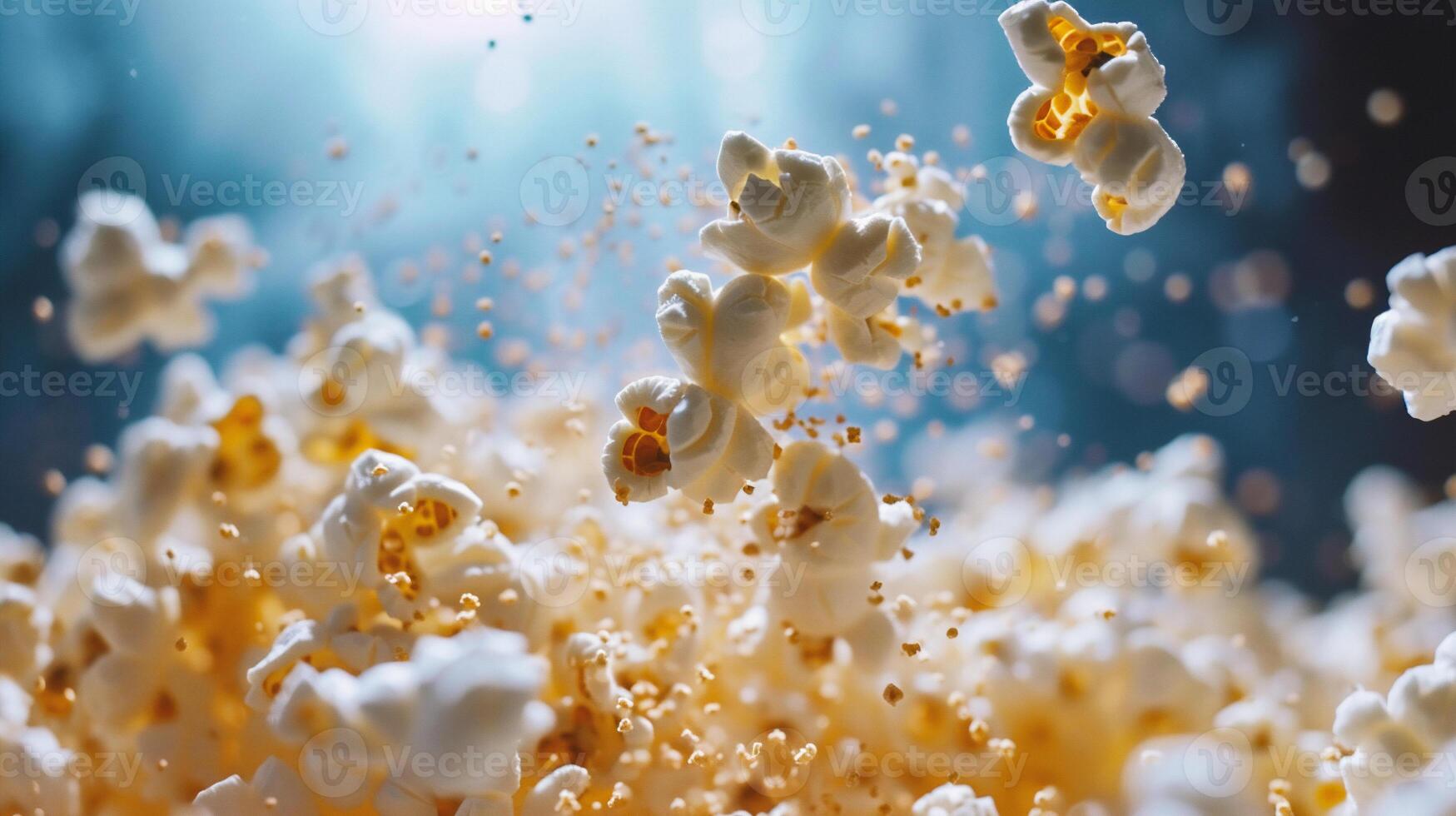 ai genererad popcorn faller in i de luft på en mörk bakgrund. rörelse foto