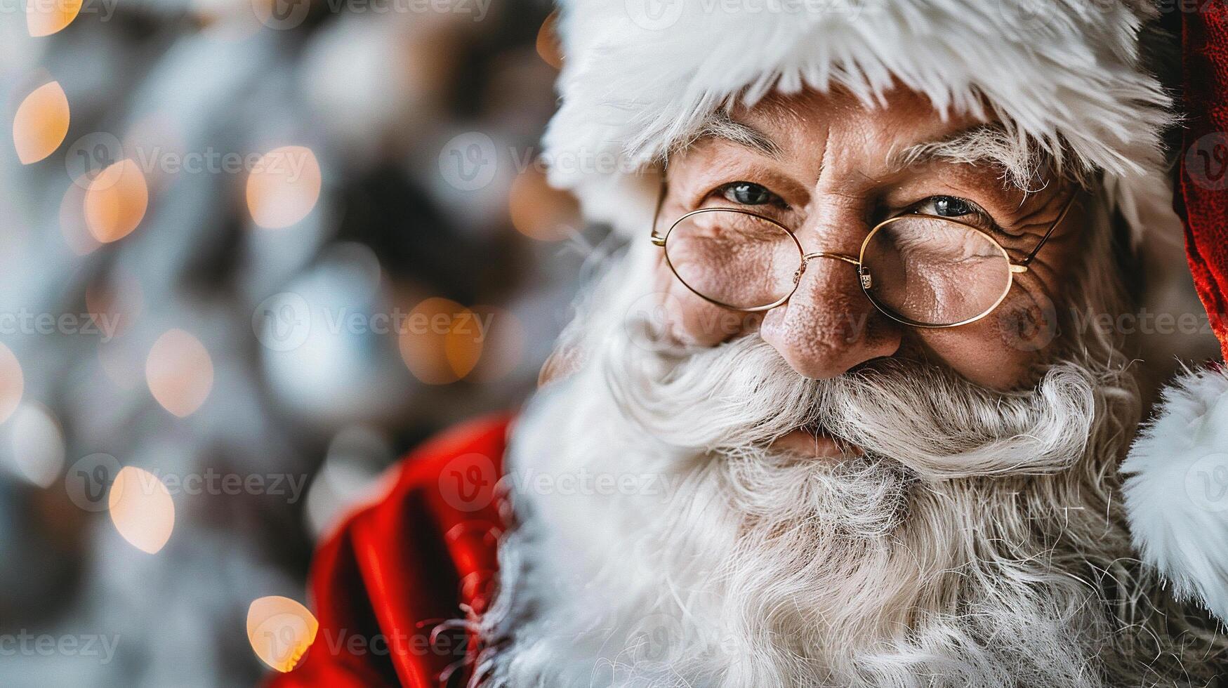 ai genererad porträtt av santa claus med glasögon mot defocused lampor på bakgrund foto