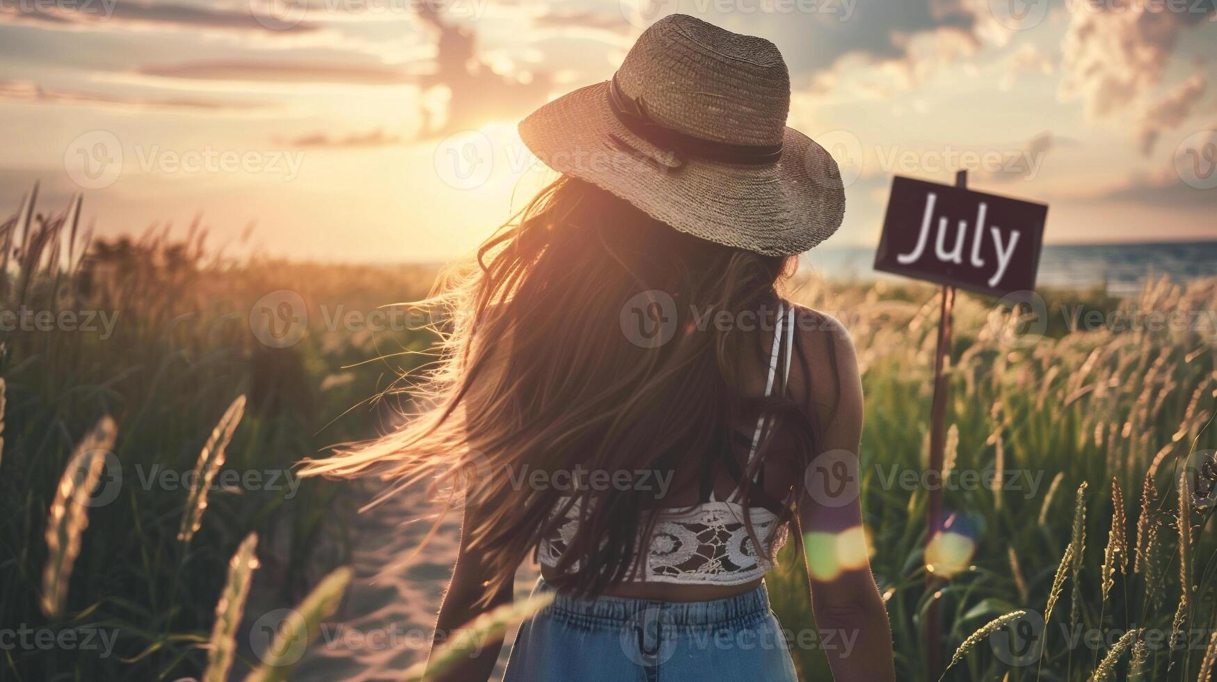 ai genererad bak- se av ung kvinna i sugrör hatt stående i vete fält foto