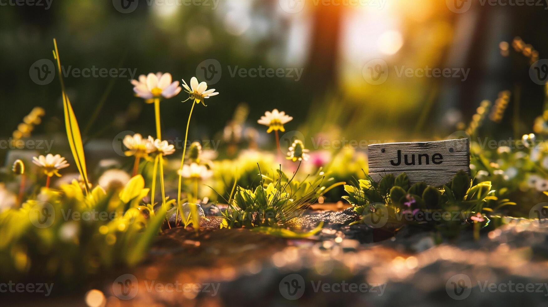 ai genererad trä- tecken med de ord juni i de mitten av en fält av daisy foto
