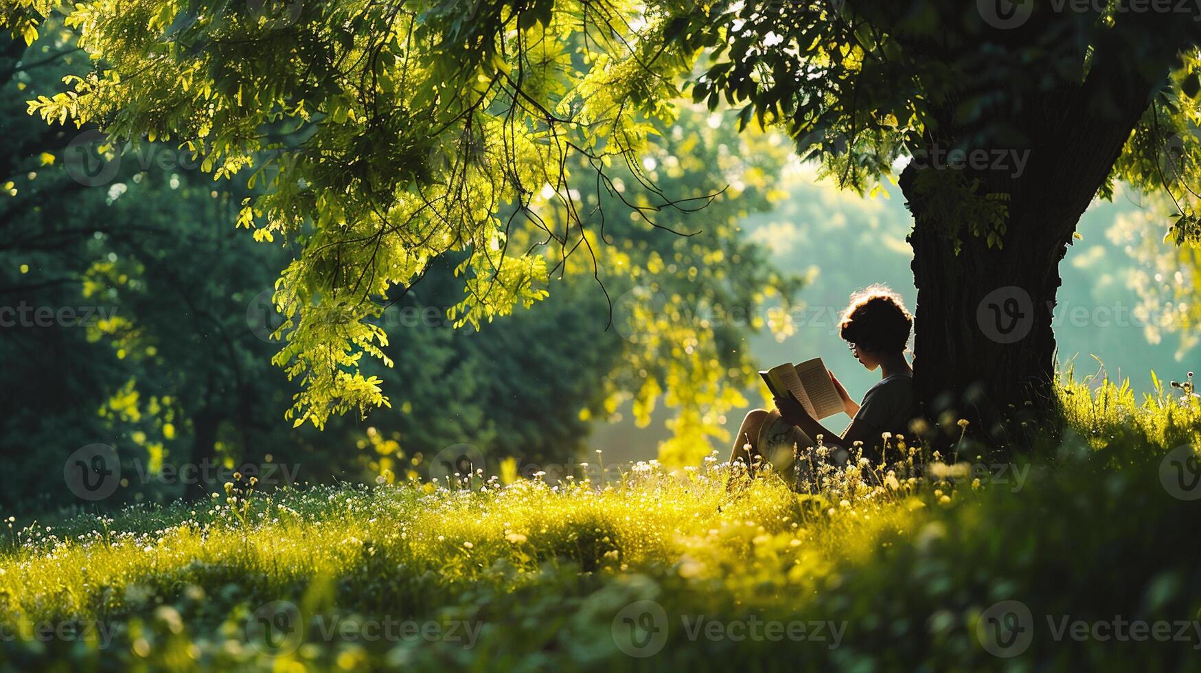 ai genererad ung kvinna läsning en bok i de parkera på solnedgång. skön natur bakgrund. foto