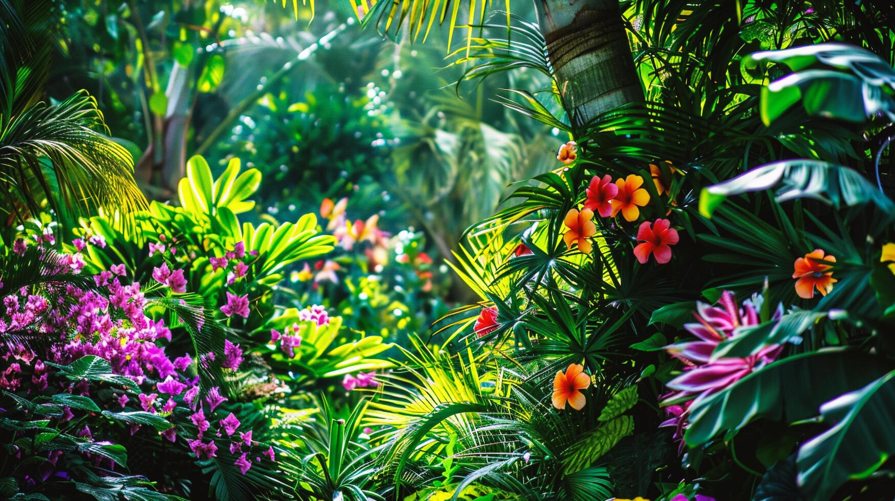 ai genererad skön tropisk trädgård med blomning blommor och handflatan träd foto