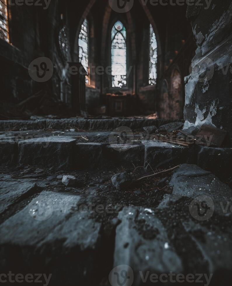 ai genererad interiör av ett gammal kyrka i gotik stil foto