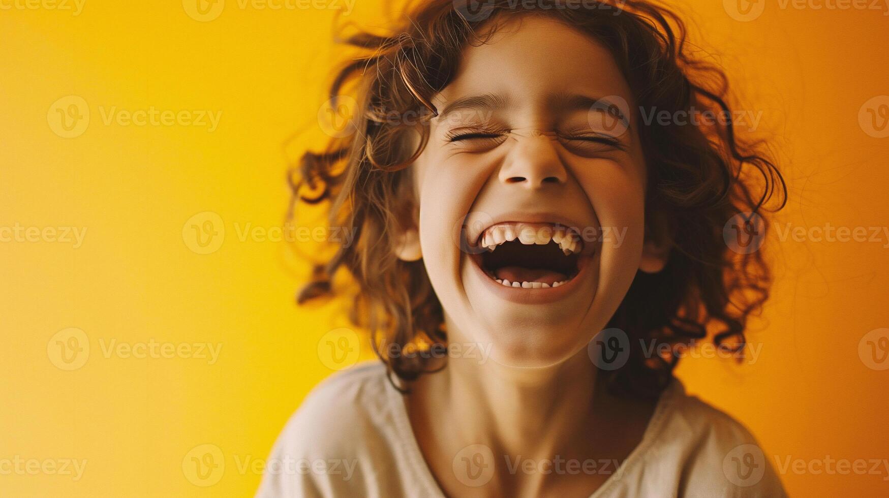 ai genererad skrattande liten flicka med lockigt hår på gul bakgrund, studio skott foto