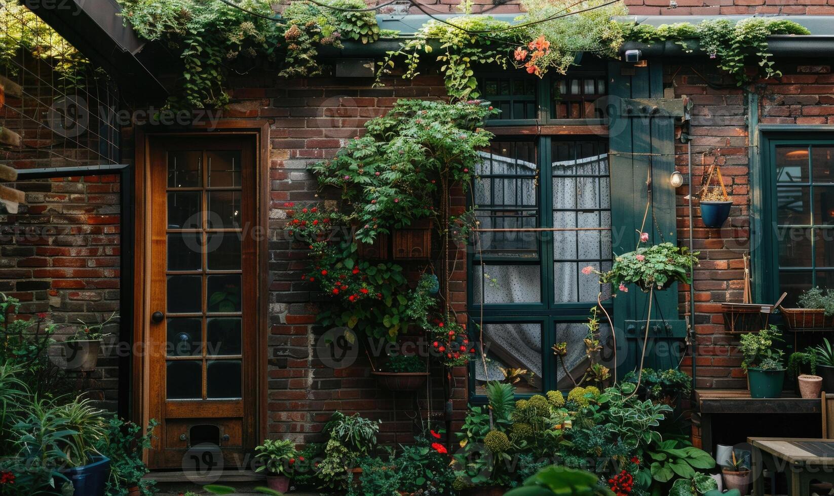 ai genererad fönster och tegel vägg täckt med blommor foto