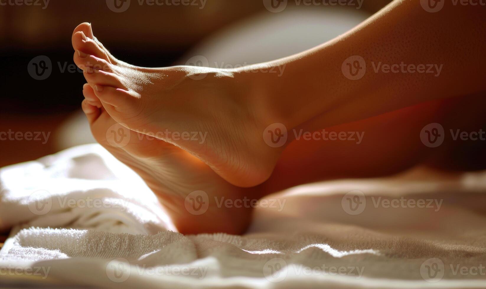 ai genererad närbild av en kvinnas fötter på de säng på Hem. skönhet, hälsa vård, kropp vård foto