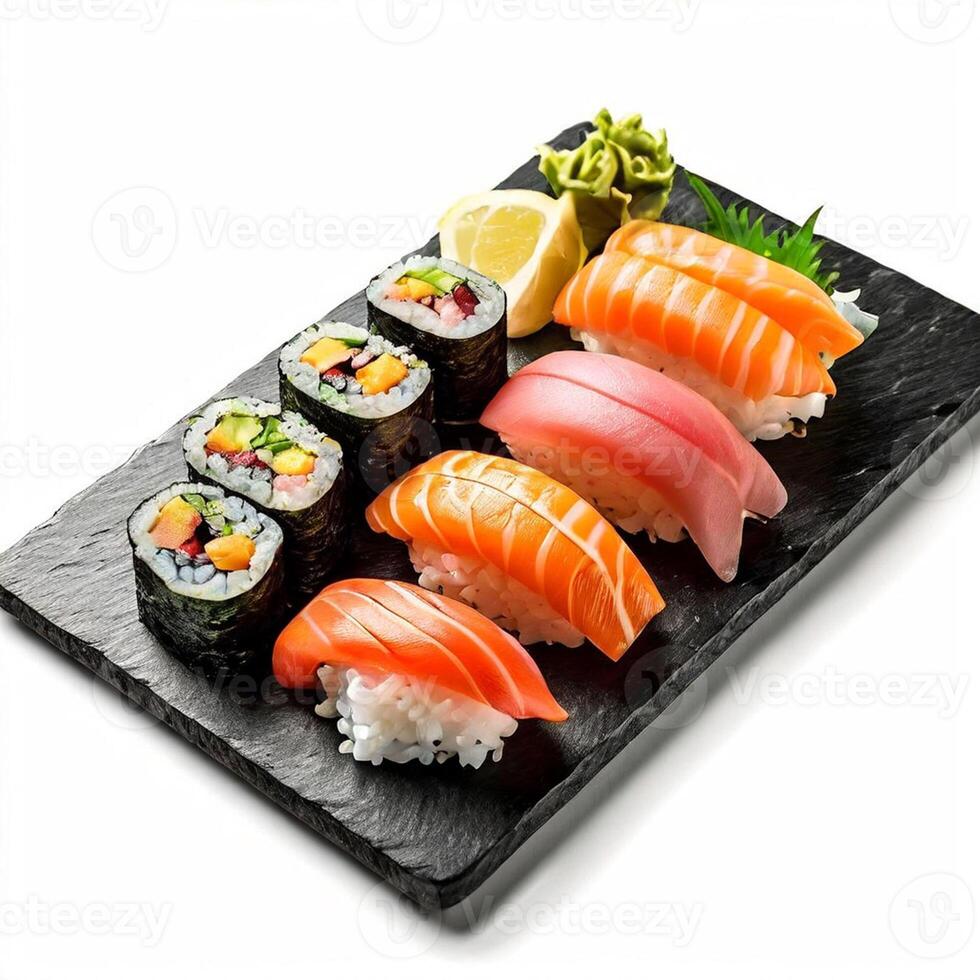 ai genererad skiffer styrelse med sushi uppsättning isolerat på vit bakgrund foto