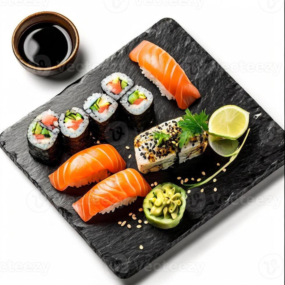 ai genererad skiffer styrelse med sushi uppsättning isolerat på vit bakgrund foto