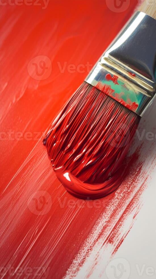 ai genererad närbild av en paintbrush applicering vibrerande röd Färg till kan vertikal mobil tapet foto