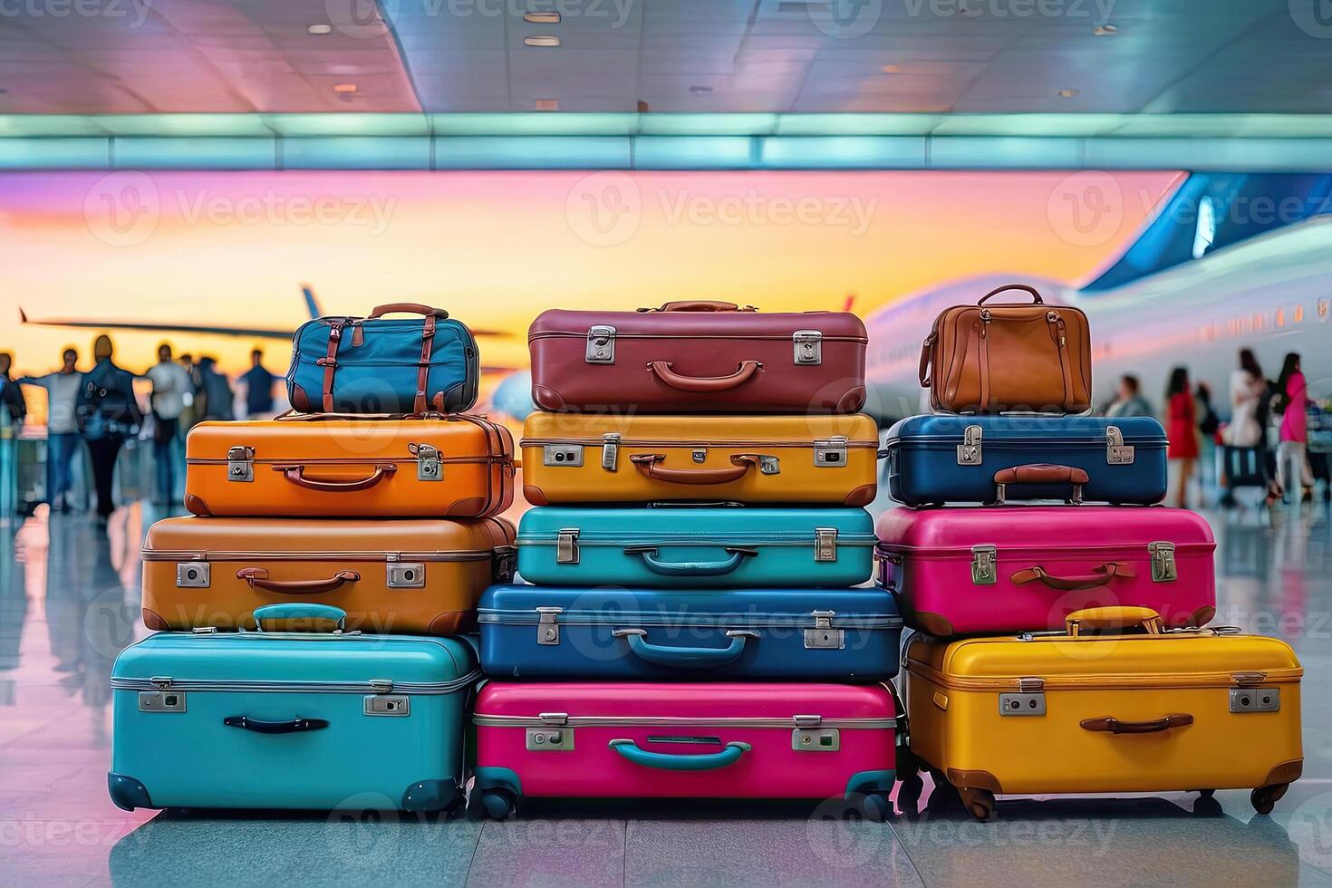 ai genererad en knippa av resväskor på de flygplats - frakt kontrollera, bagage ersättning och hand bagage parametrar på de plan, säkerhet, checka in och leverans av personlig tillhörigheter. ai genererad foto