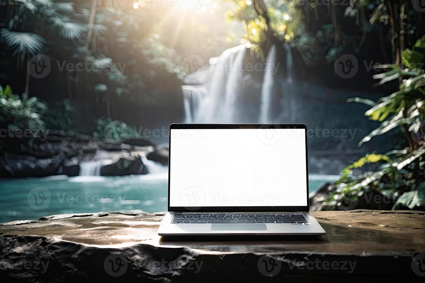 ai genererad bärbar dator med tom vit skärm falsk upp på berg sjö i de stenar med vattenfall i de tropisk djungel. avlägsen arbete på semester och resa, Hem kontor, internet, turer, vandring foto