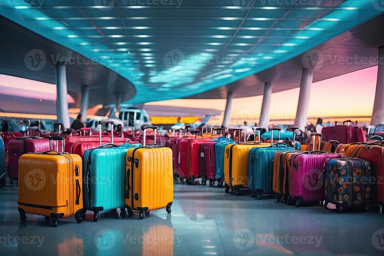 ai genererad en knippa av resväskor på de flygplats - frakt kontrollera, bagage ersättning och hand bagage parametrar på de plan, säkerhet, checka in och leverans av personlig tillhörigheter. ai genererad foto