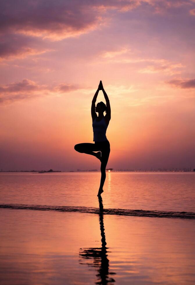 ai genererad silhuett av ung kvinna praktiserande yoga på de strand på solnedgång. ai generativ foto