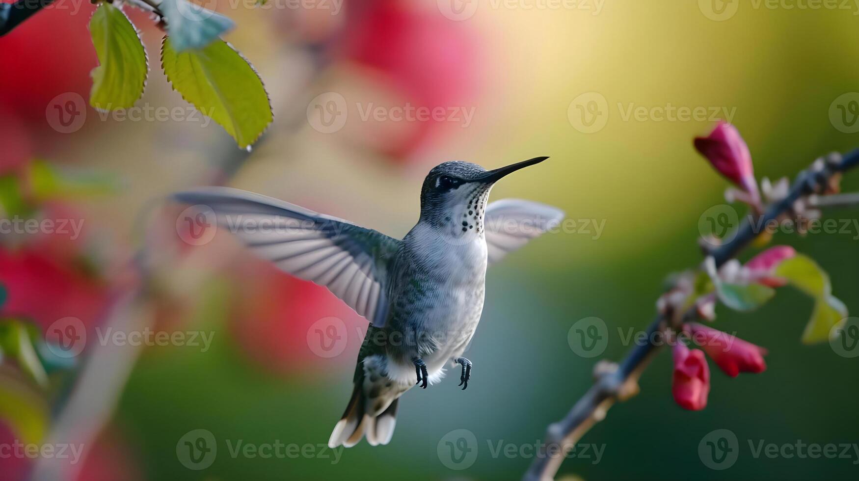 ai genererad en kolibri uppflugen på en träd gren med röd blommor foto