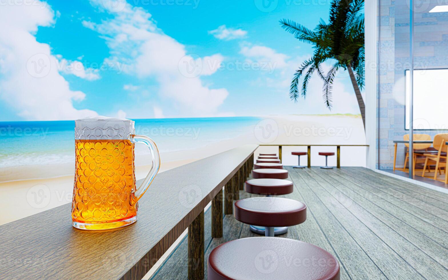 fatöl eller hantverksöl i ett högt klart glas med ölskum ovanpå och det är bubblor i glaset. kall öl i ett glas, placerad på ett träbord på stranden, havet under dagen. 3d-rendering foto