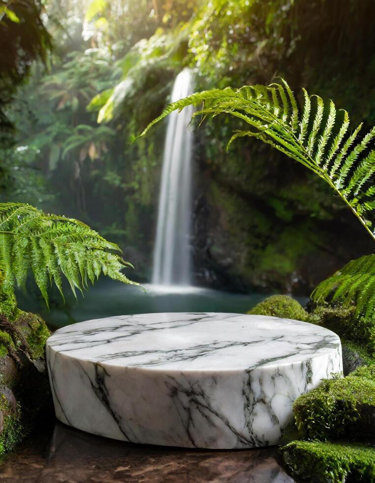 ai genererad närbild skott av podium attrapp marmor i de grön av regnskog med ormbunke och vattenfall foto