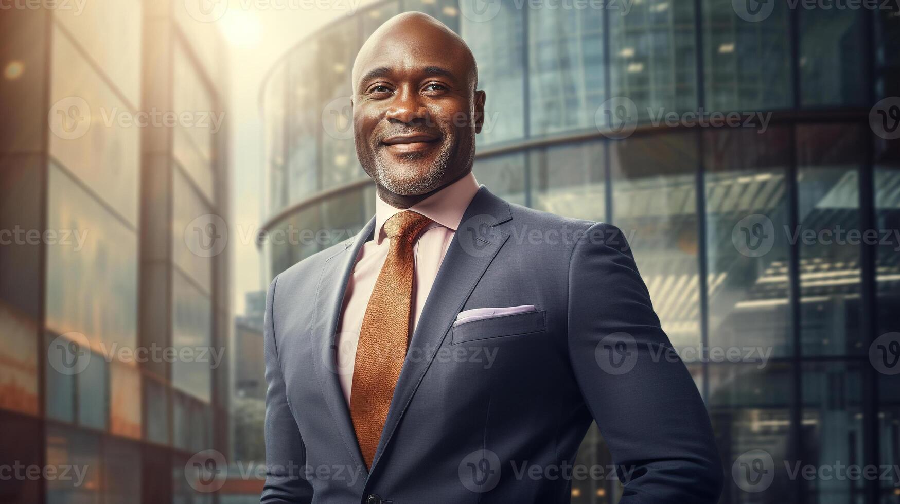 ai genererad manlig företag porträtt utomhus, framgångsrik afrikansk amerikan affärsman mot skyskrapa bakgrund foto