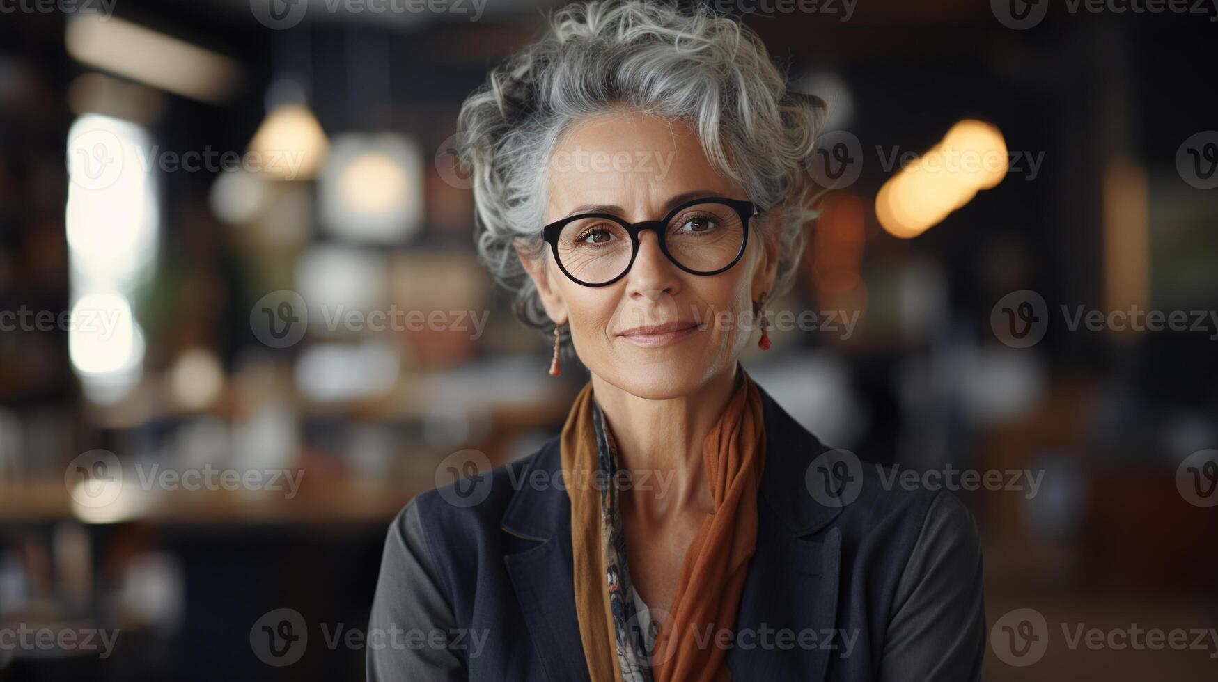 ai genererad företag elegant eleganta äldre kvinna med grå frisyr bär glasögon och ser på kamera inomhus. kvinna senior porträtt, verkställande eller entreprenör foto