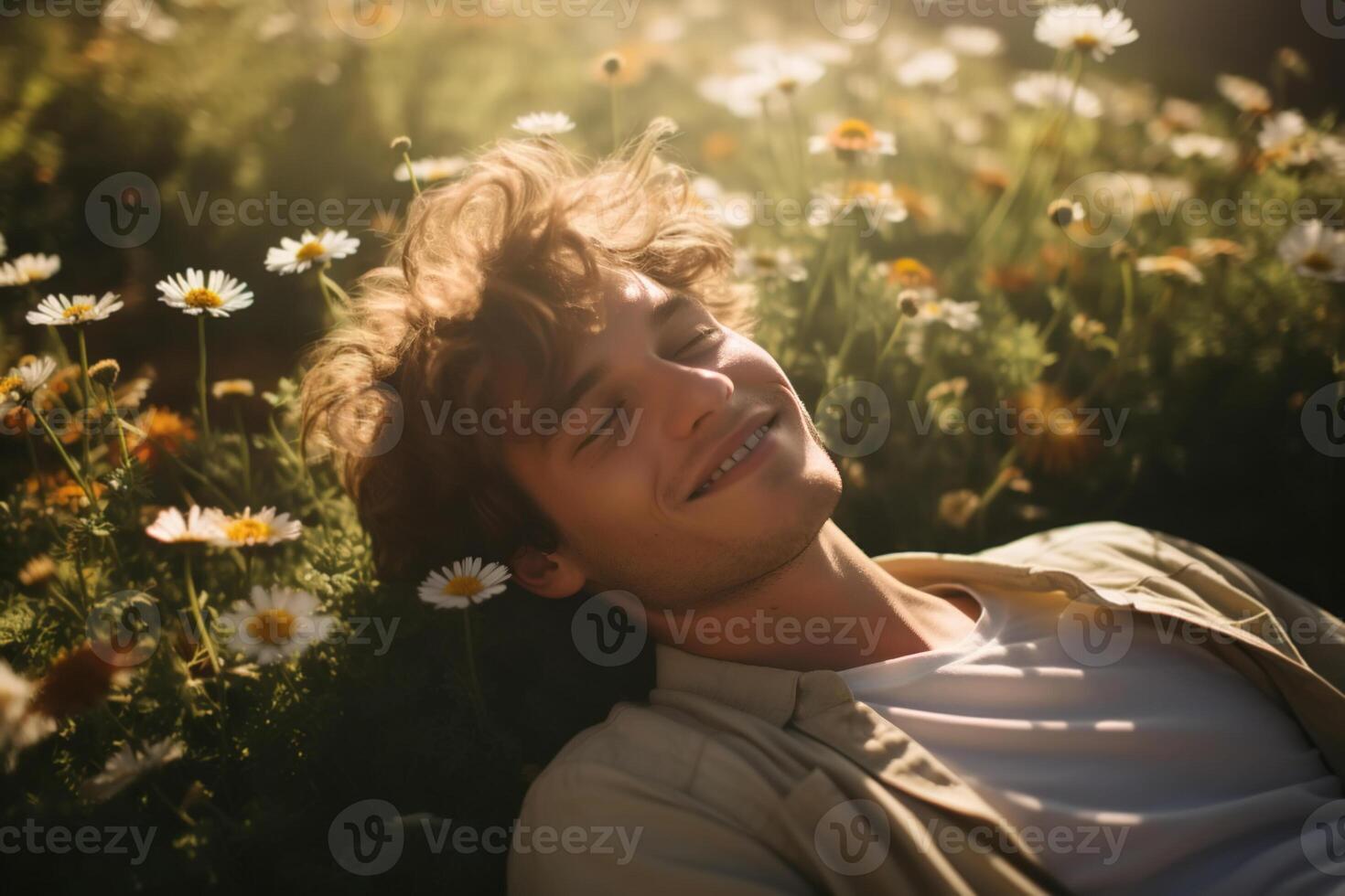 ai genererad Lycklig stilig caucasian kille med stängd ögon liggande på en äng, vilar på en blomma äng på en solig dag foto