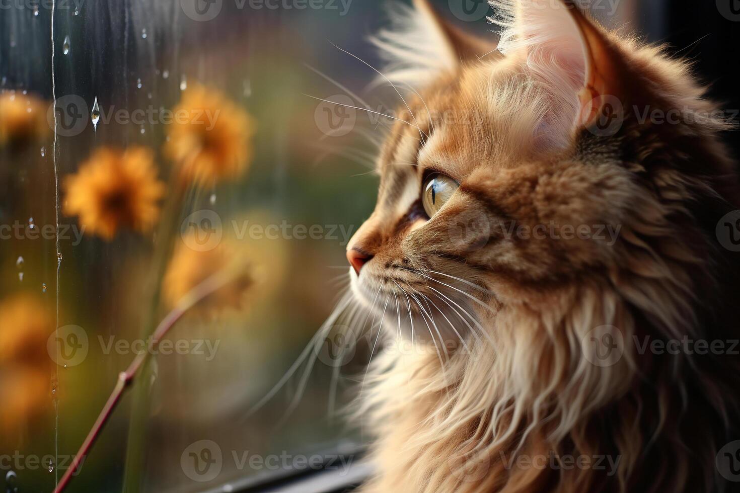 ai genererad ensam söt röd fluffig katt ser ut fönster på regnig dag, närbild av sällskapsdjur ansikte foto