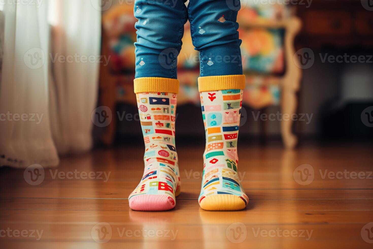 ai genererad närbild av barns fötter i färgrik rolig strumpor stående inomhus. udda strumpor dag, anti mobbning vecka social begrepp foto