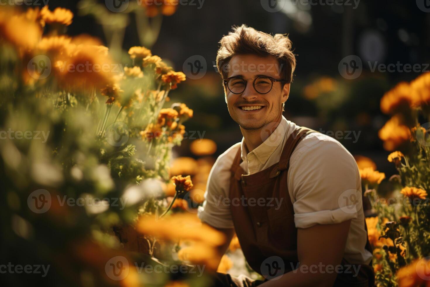 ai genererad Lycklig ung manlig trädgårdsmästare i förkläde i blomma trädgård utomhus på solig dag foto