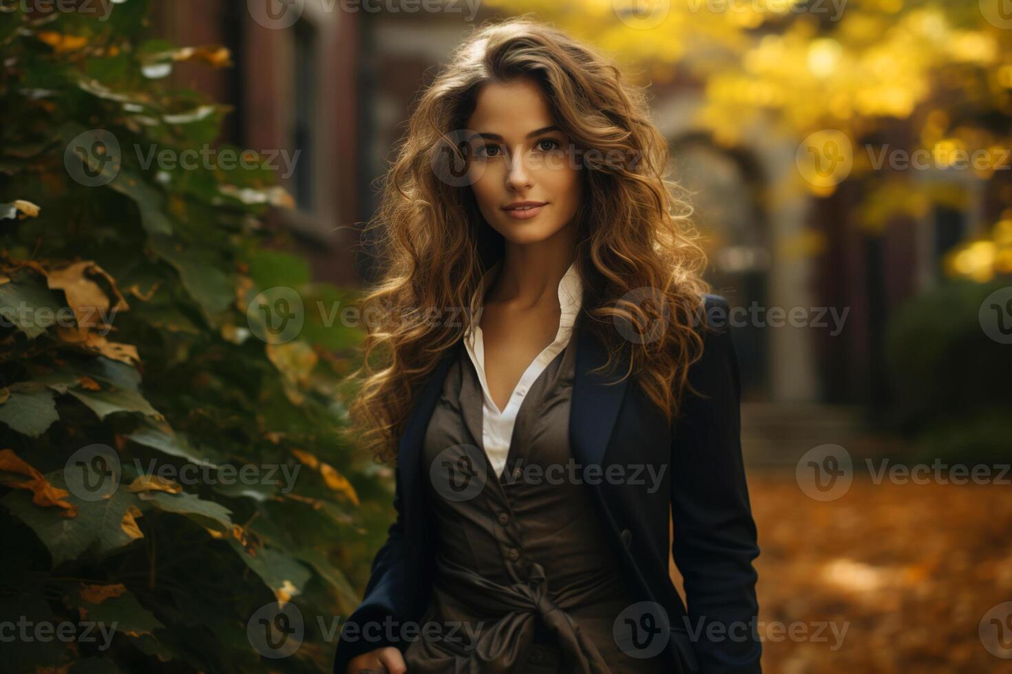 ai genererad porträtt av en eleganta elegant ung kvinna i preppy estetisk stil stående utomhus på ett höst dag, ser på kamera foto