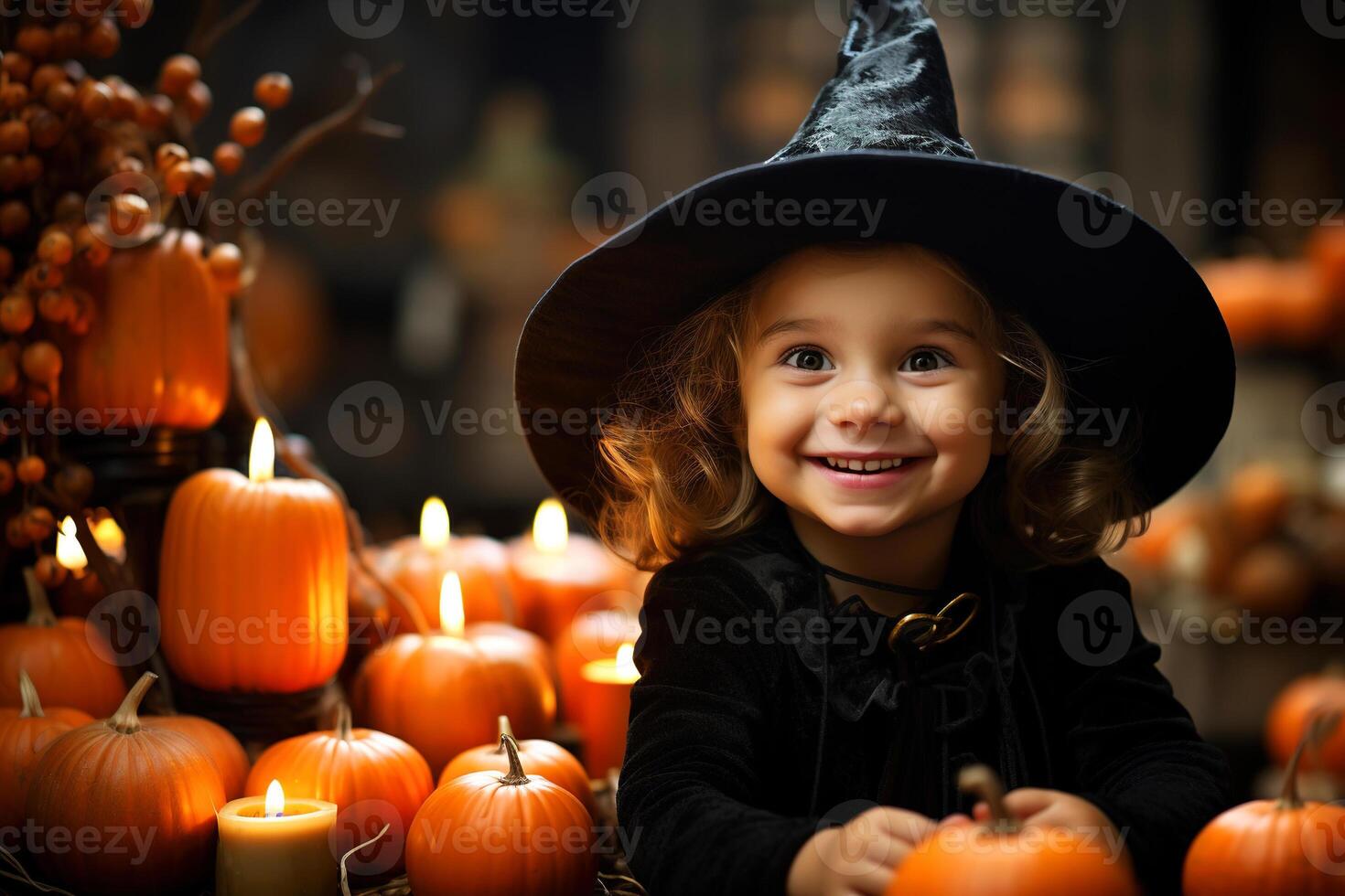 ai genererad barn porträtt leende rolig flicka i häxa kostym och svart hatt med pumpor och ljus ser på kamera, halloween Semester begrepp foto