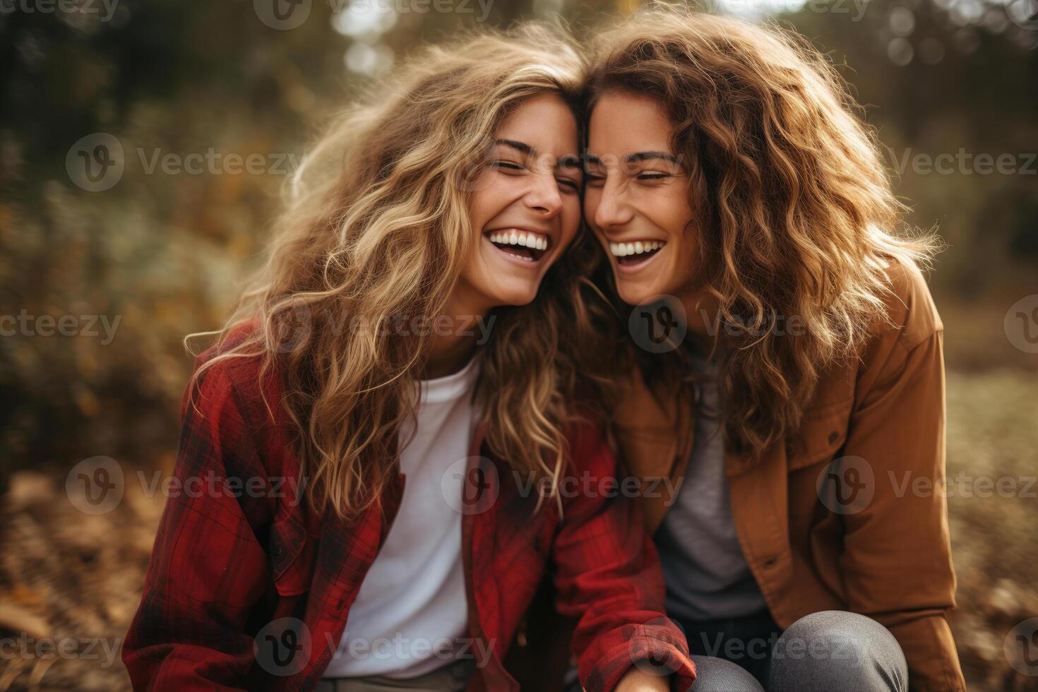 ai genererad positiv skrattande flick avkopplande tillsammans på ett höst dag, Lycklig ung kvinnor i ytterkläder i parkera. kvinna vänskap livsstil foto