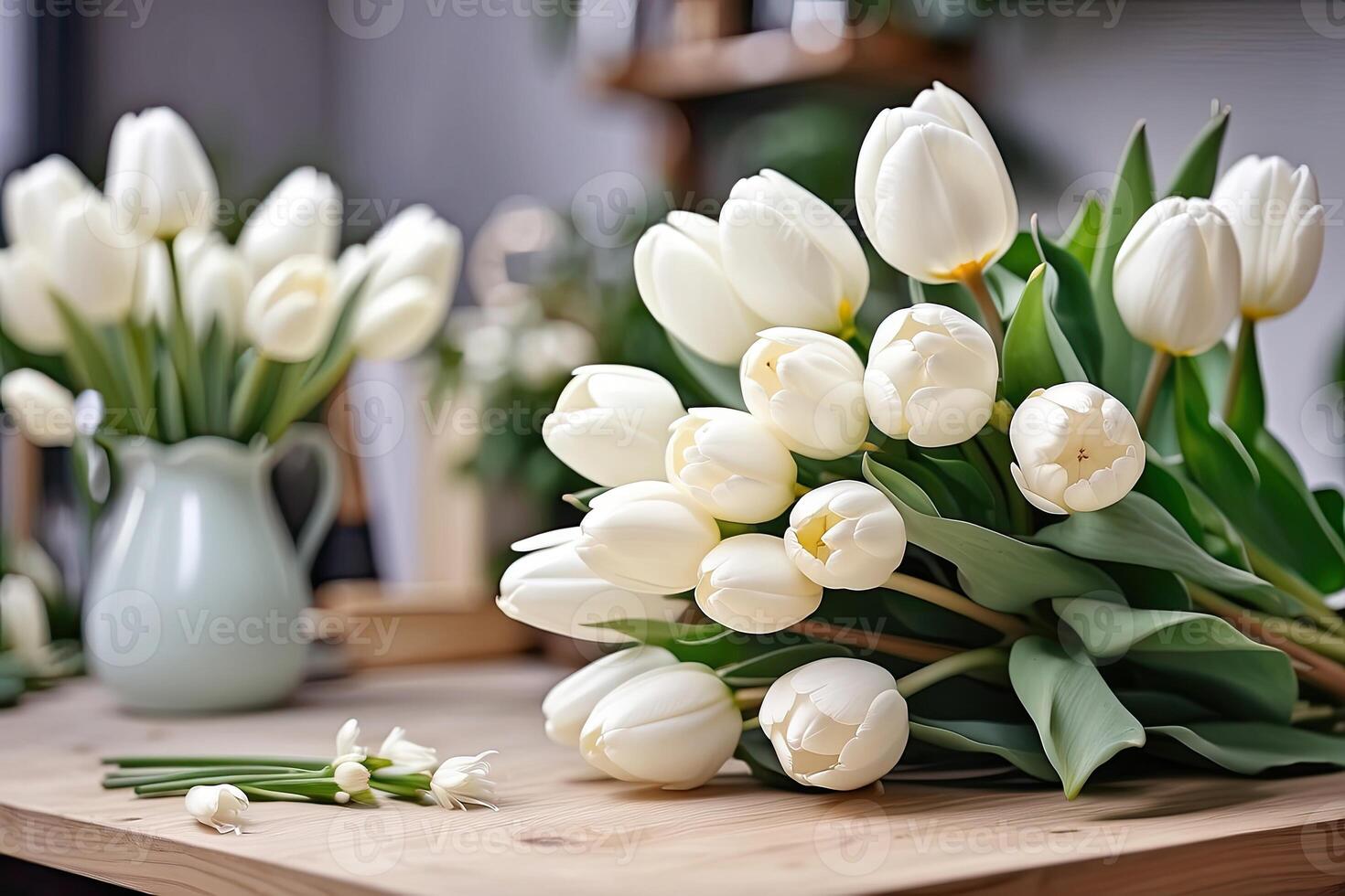 ai genererad vit buketter av tulpaner i en blomma affär - färsk skära blommor i lådor och vaser i en lager och kuggstänger för försäljning, leverans för de Semester. vår, Mars 8, kvinnors dag, födelsedag foto