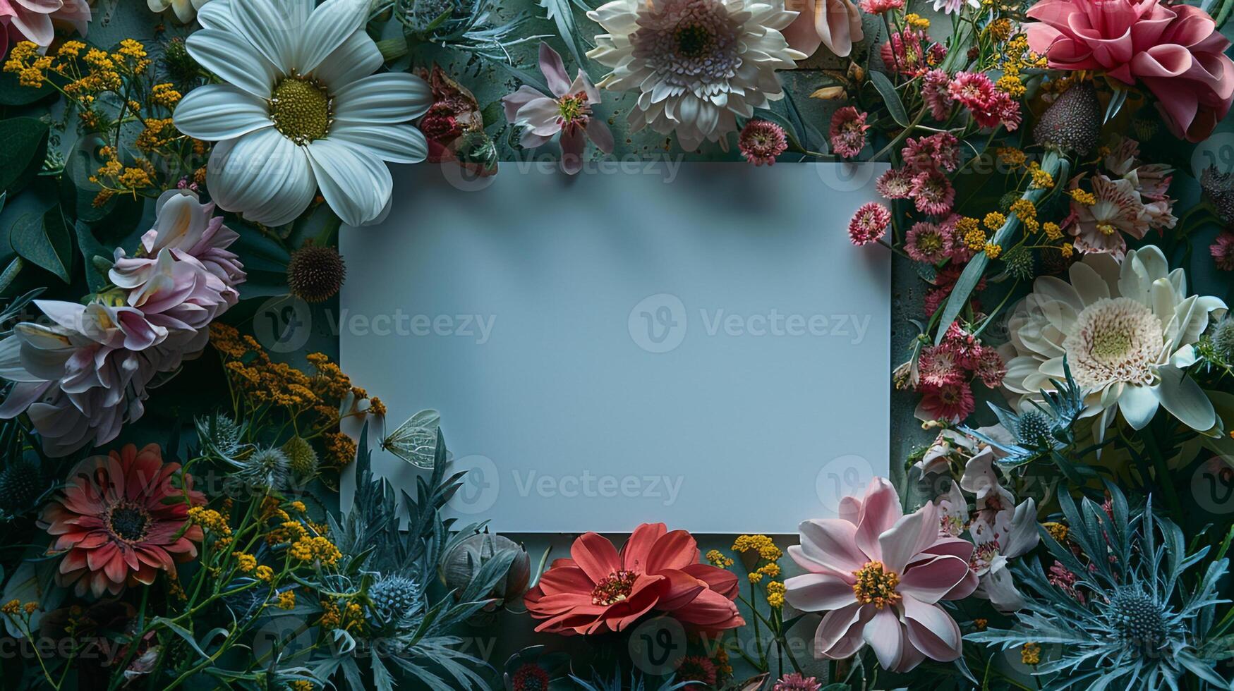 ai genererad vår lugn elegant bröllop fest hälsning kort Utsmyckad med blommor på en ljus foto