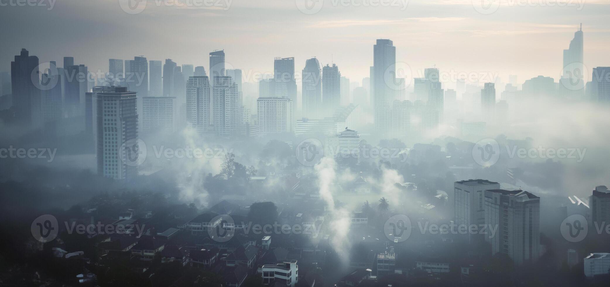 ai genererad dimmig soluppgång över de urban horisont foto