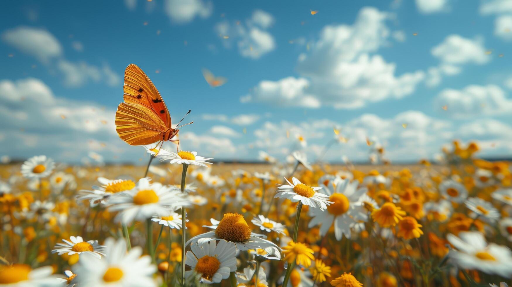 ai genererad fjäril flygande över en fält av daisy foto