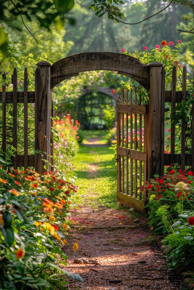 ai genererad blomning trädgård med trä- Port foto