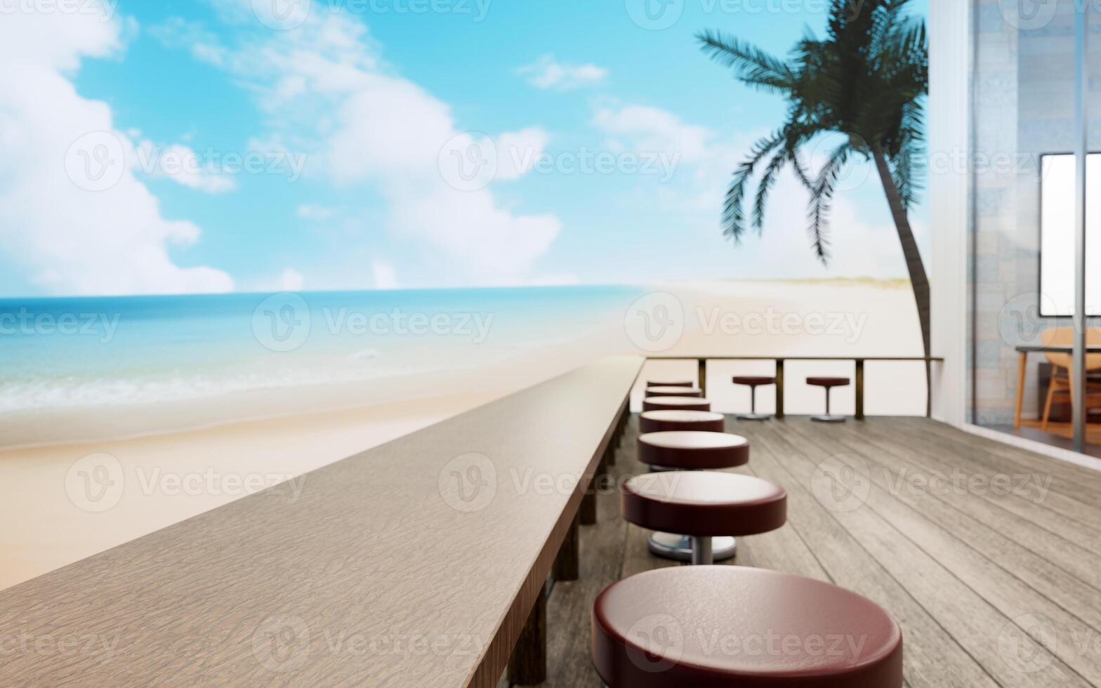 lång tabell, tillverkad av trä, på de restaurang terrass, på de strand, blå hav, sandig strand, blå himmel, vit moln, ljus. säten förbi de strand från de restaurang. 3d tolkning foto