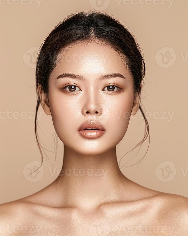 ai genererad Foto av ett asiatisk kvinna modell på neutral beige bakgrund