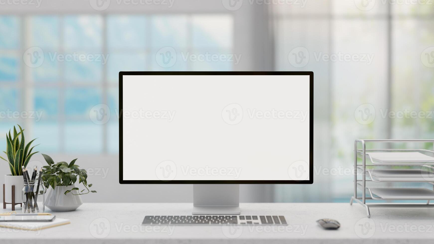 en modern, minimal ljus kontor med en pc dator attrapp och kontor leveranser på en vit skrivbord. foto