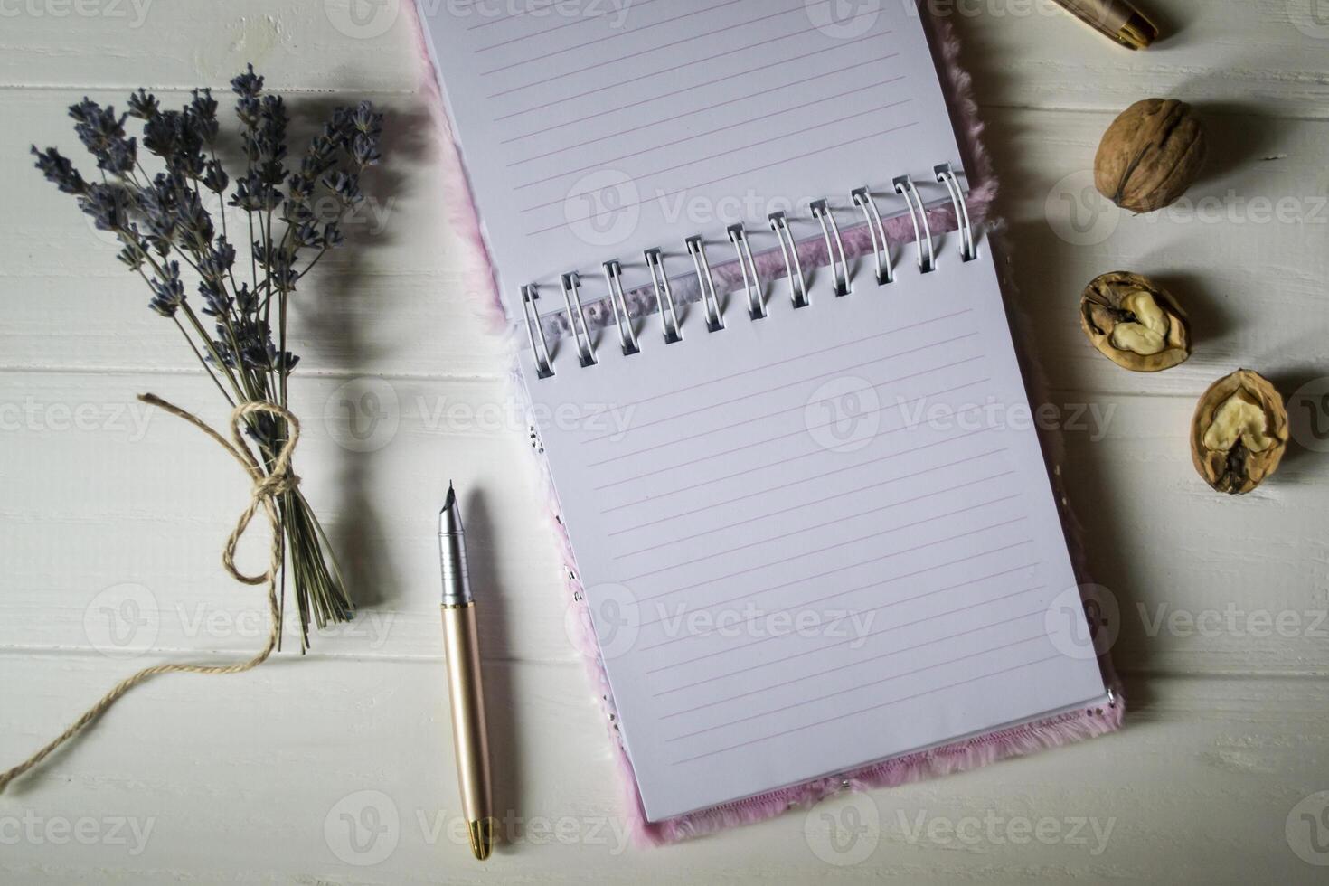 öppnad anteckningsbok och penna på en skrivbordet med dekoration foto