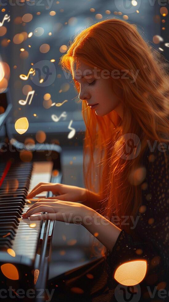 ai genererad drömmande atmosfär, nyckfull och drömmande atmosfär förbi fotografering de söt rödhårig flicka spelar de piano omgiven förbi flytande musikalisk anteckningar, bakgrund bild, generativ ai foto