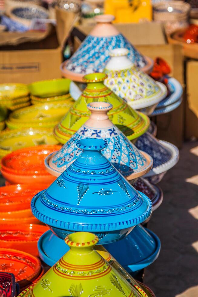 tajines i de marknadsföra, marrakech, marocko foto