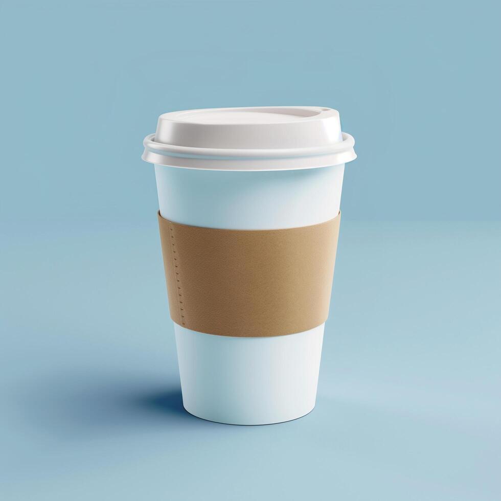 ai genererad papper kaffe kopp på blå bakgrund, mock-up, kopia Plats foto