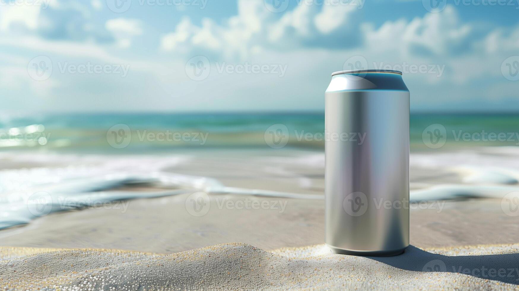 ai genererad tom silver- energi dryck kan mock-up, strand bakgrund foto