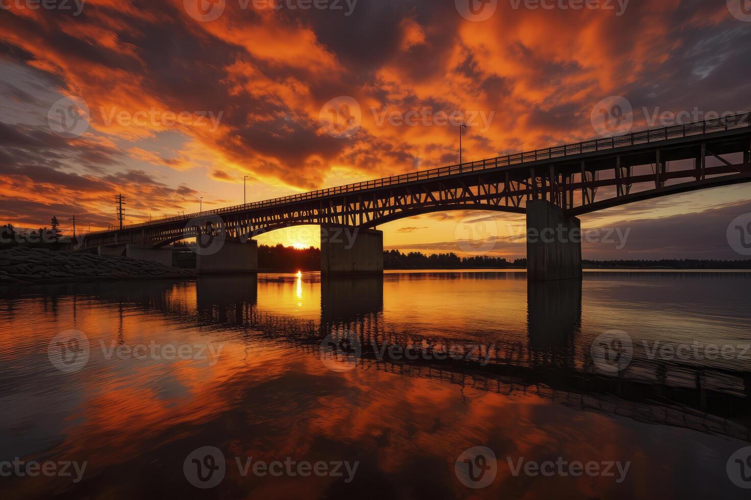 ai genererad solnedgång bro över vatten, en lugn scen av natur och arkitektur foto